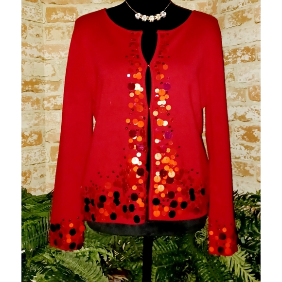 Ruby Rd. Red Sequin Detail Long Sleeve Knit Cardigan - Picture 16 of 16